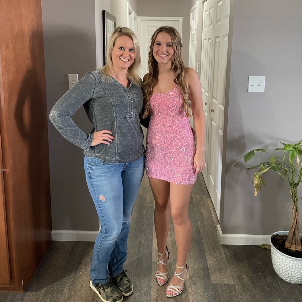 pink shimmery mini dress hoco